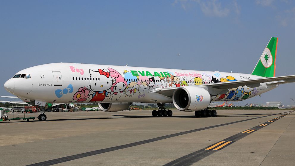 The Hello Kitty EVA Jet, which landed in L.A. Sept. 18, 2013, is covered in images of the Sanrio family of characters, such as My Melody and Keroppi.