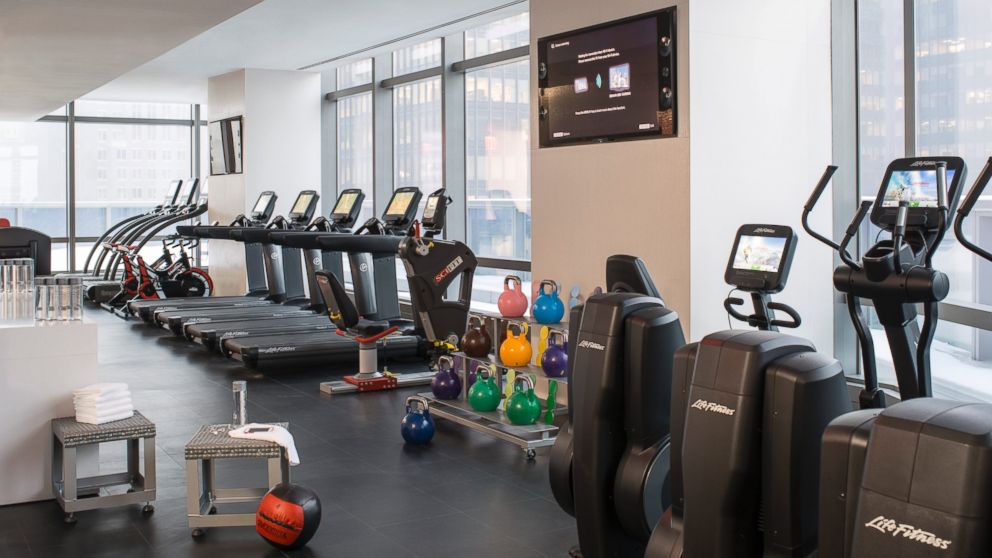 PHOTO: The fitness center on the 35th floor is shared by both brands and has floor-to-ceiling windows. 