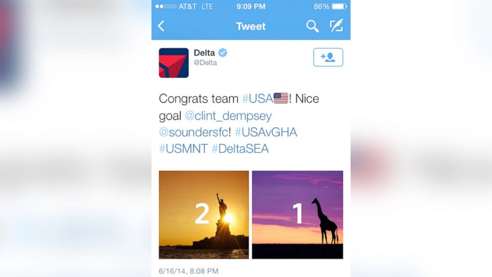 Delta posted this tweet on June 16, 2014 following the victory of the US soccer team in their first World Cup game against Ghana. 