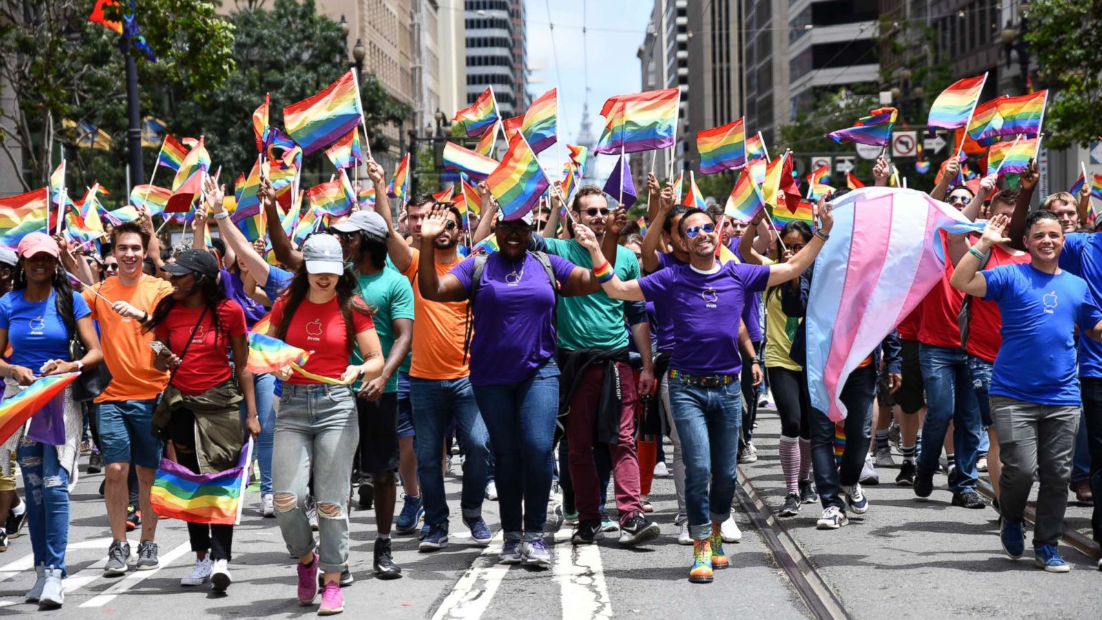 PHOTO: People march with Gay Pride colors during San Francisco Gay Pride parade, June 25, 2017, in San Francisco.