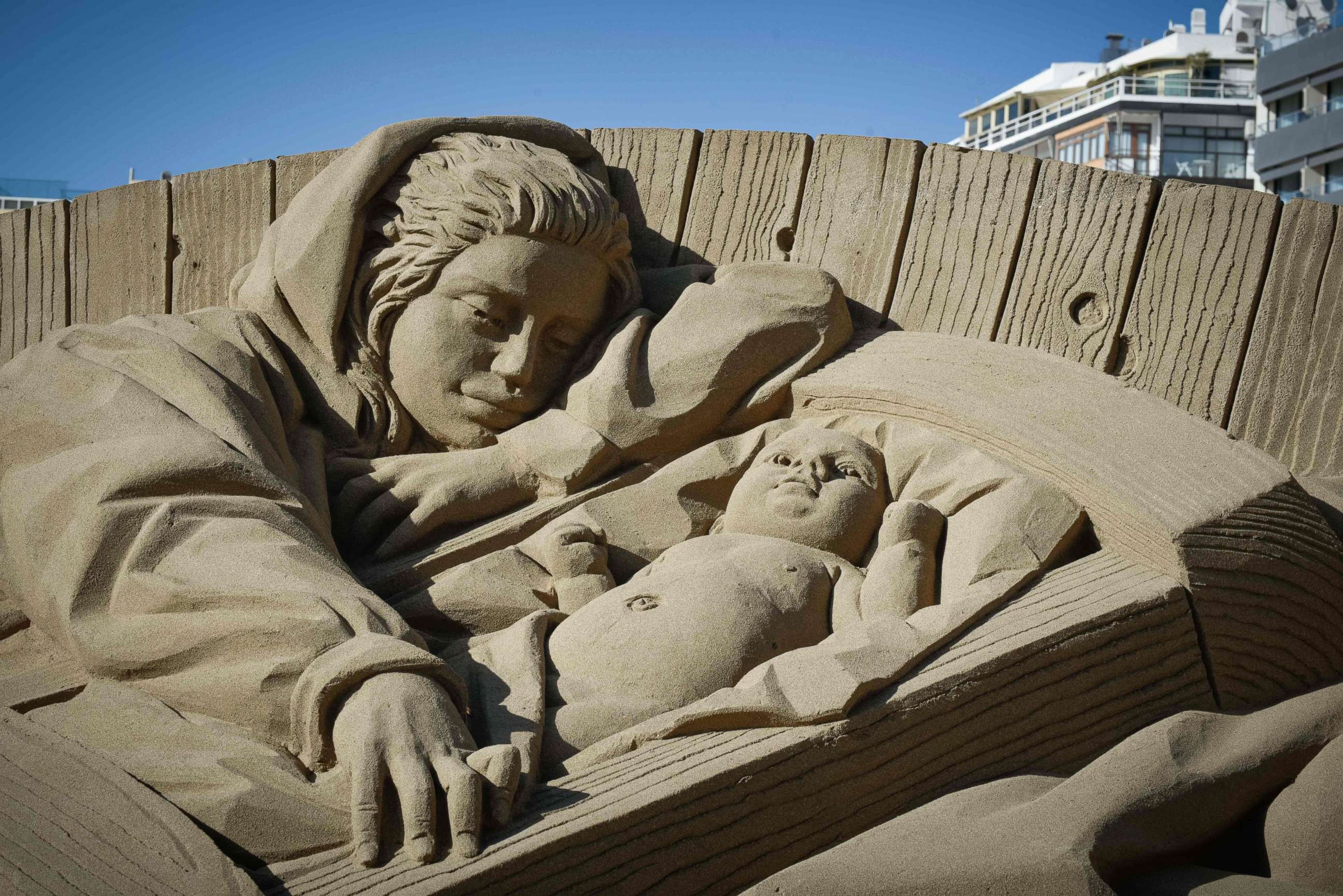 PHOTO: A sand sculpture depicting Virgin Mary and baby Jesus is part of other Christmas nativity scenes on the international beach resort of Las Canteras in Las Palmas de Gran Canaria on the Spanish Canary island of Gran Canaria on Dec. 7, 2017. 
