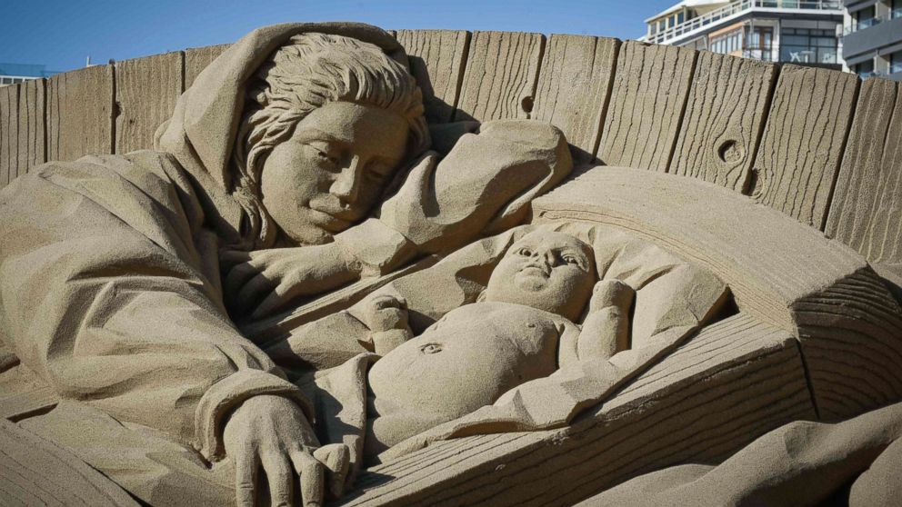 PHOTO: A sand sculpture depicting Virgin Mary and baby Jesus is part of other Christmas nativity scenes on the international beach resort of Las Canteras in Las Palmas de Gran Canaria on the Spanish Canary island of Gran Canaria on Dec. 7, 2017. 
