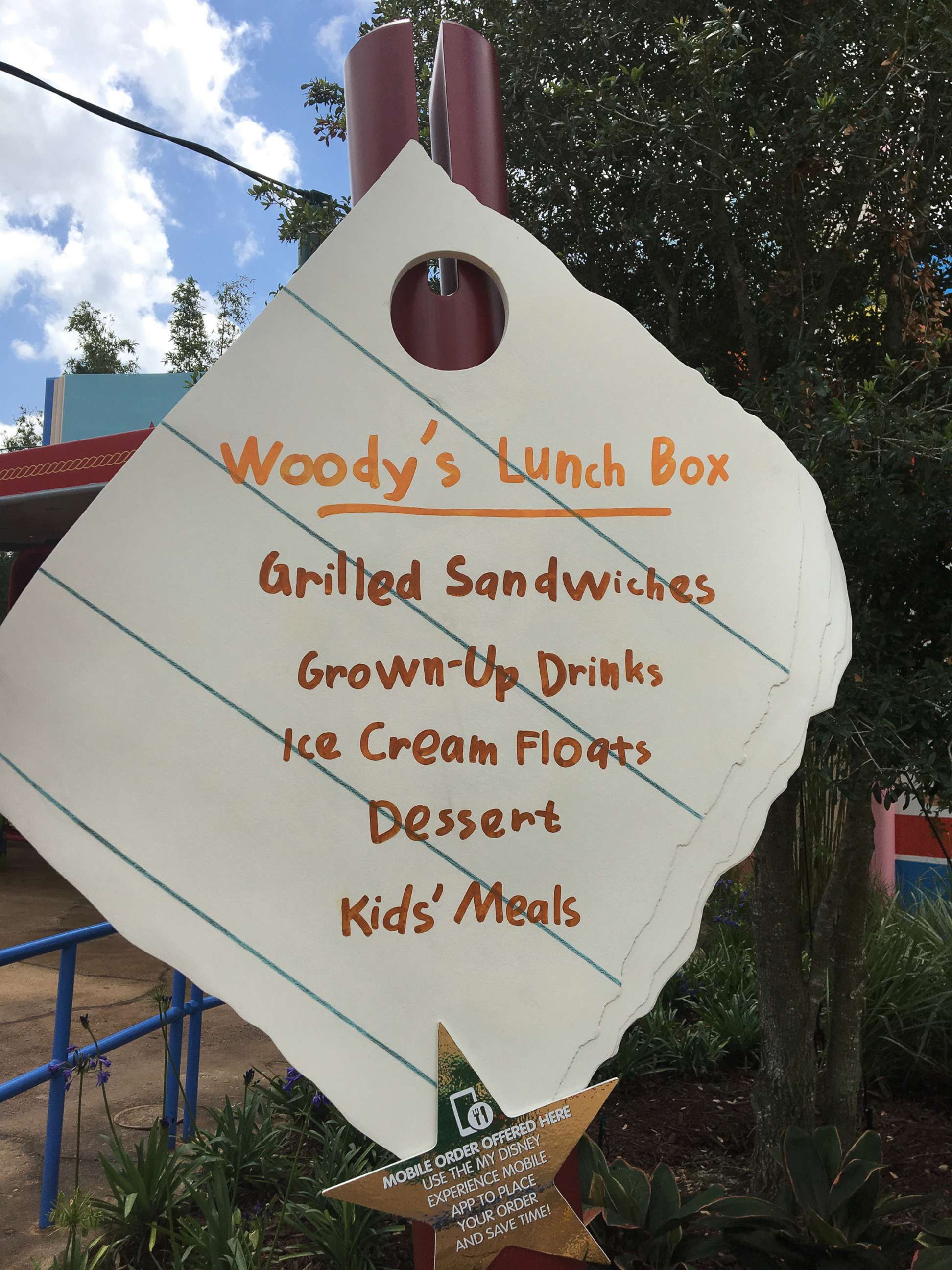 PHOTO: A sign outside Woody’s Lunch Box at Disney’s Toy Story Land at the Walt Disney World Resort in Bay Lake, Fla., near Orlando, lists food options at Woody's Lunch Box.