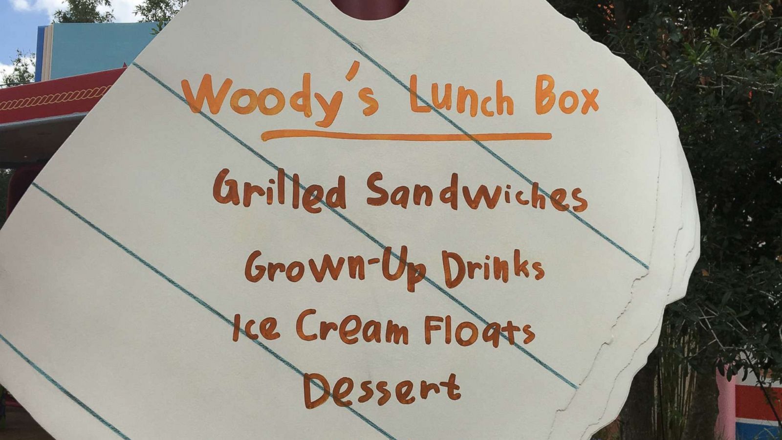 PHOTO: A sign outside Woody’s Lunch Box at Disney’s Toy Story Land at the Walt Disney World Resort in Bay Lake, Fla., near Orlando, lists food options at Woody's Lunch Box.