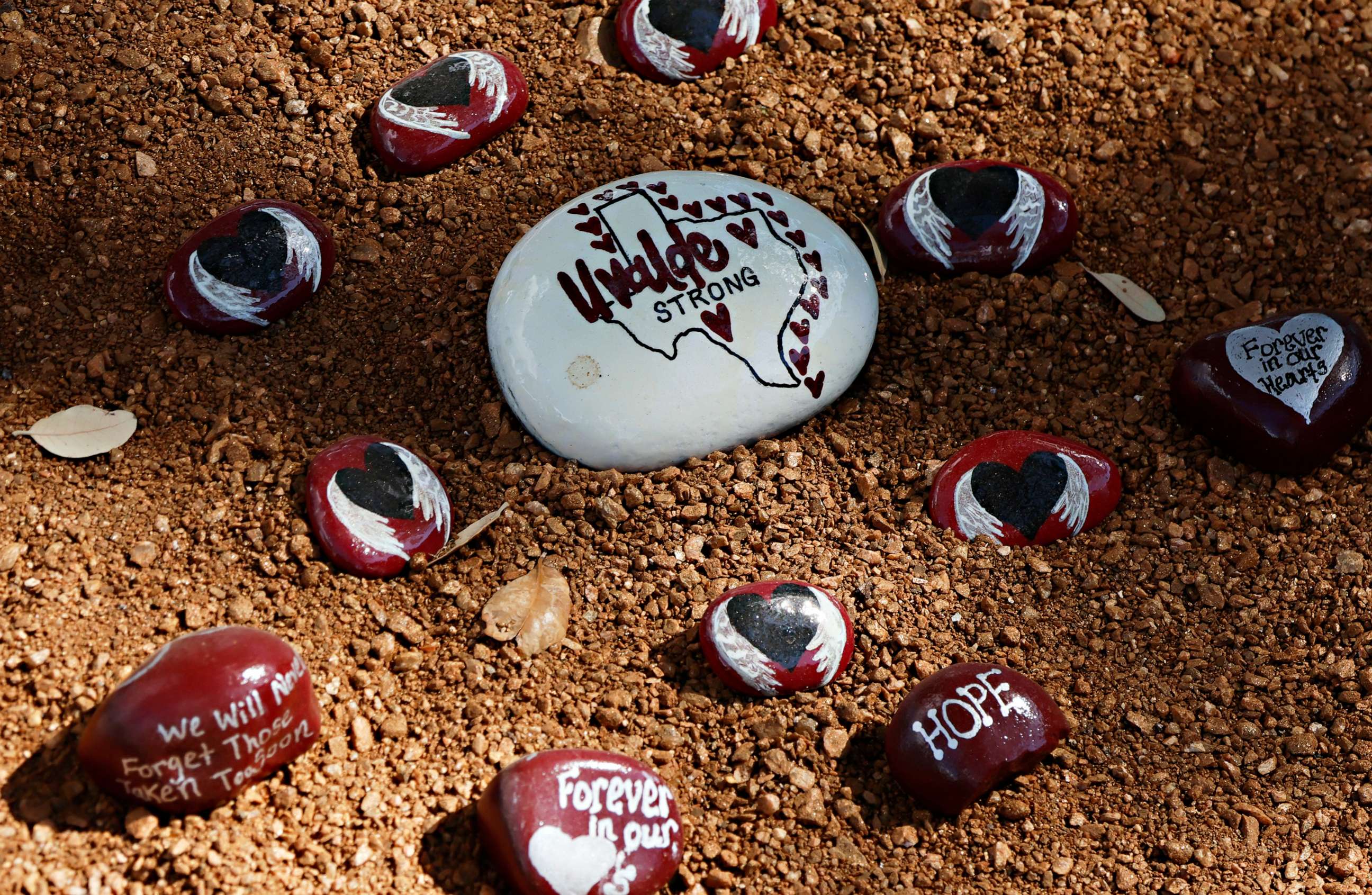 PHOTO: Painted stones that read "Uvalde Strong" sit outside El Progreso Library in Uvalde, Texas, on Oct. 16, 2022.