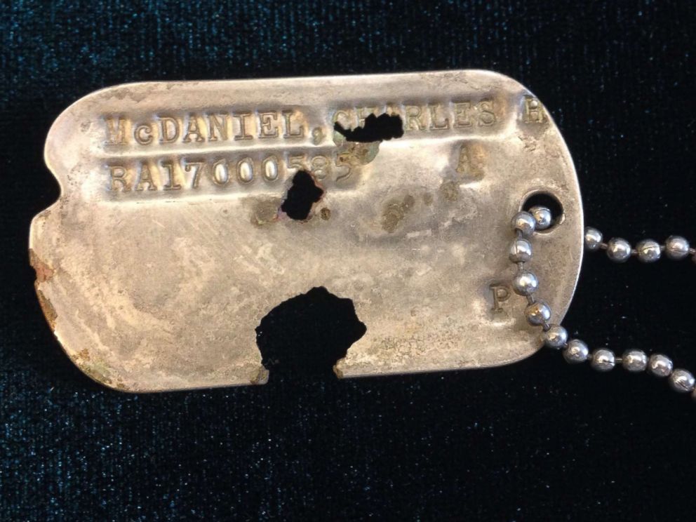 PHOTO: The dog tag of Master Sergeant Charles H. McDaniel, missing in the Korean War, was returned to his sons Charles H. McDaniel Jr. and Larry McDaniel, August 8, 2018.