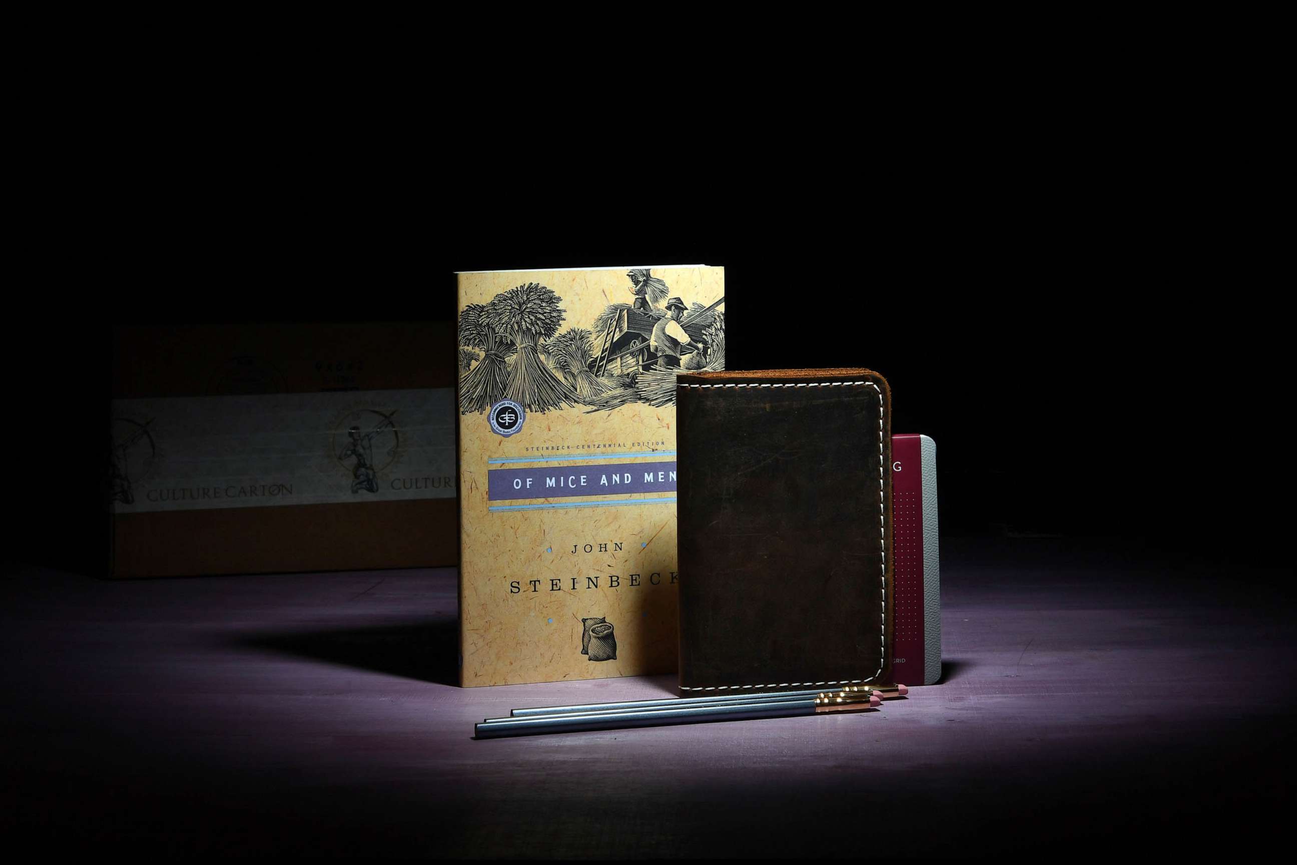 PHOTO: FILE - The Culture Carton boxed book subscription includes John Steinbeck's Of Mice and Men as well as pencils and a leather bound notepad May 16, 2018 in Washington, DC.