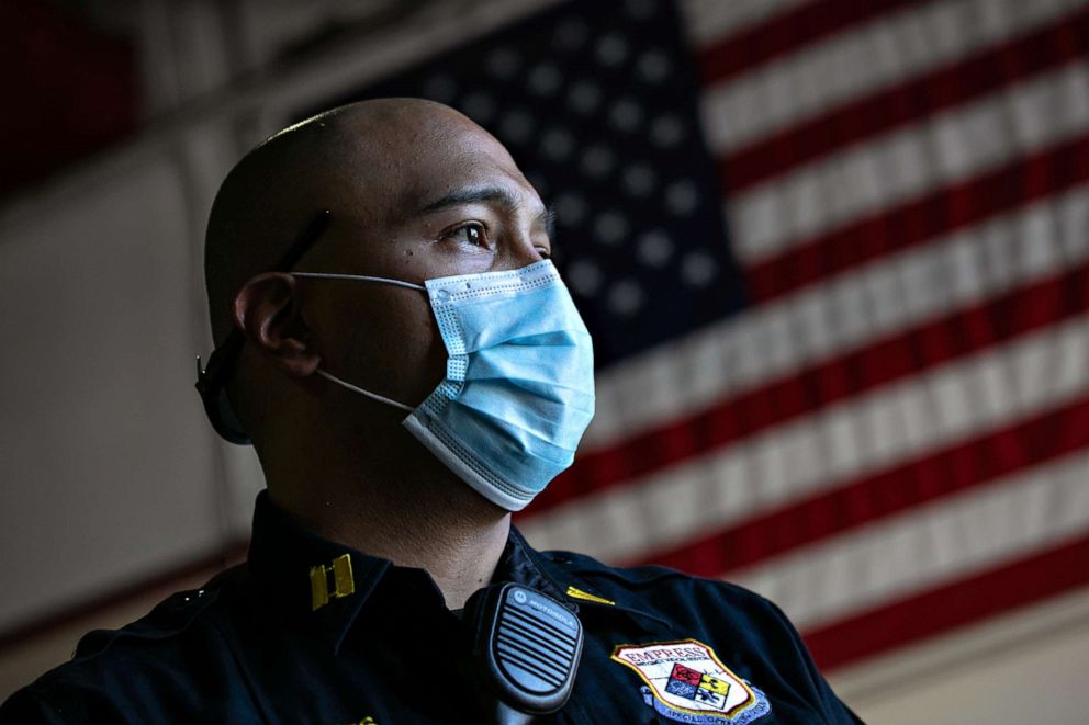 PHOTO:Empress EMS Captain AJ Briones watches as ambulances are cleaned and serviced at Empress headquarters, on April 6, 2020, in Yonkers, New York.