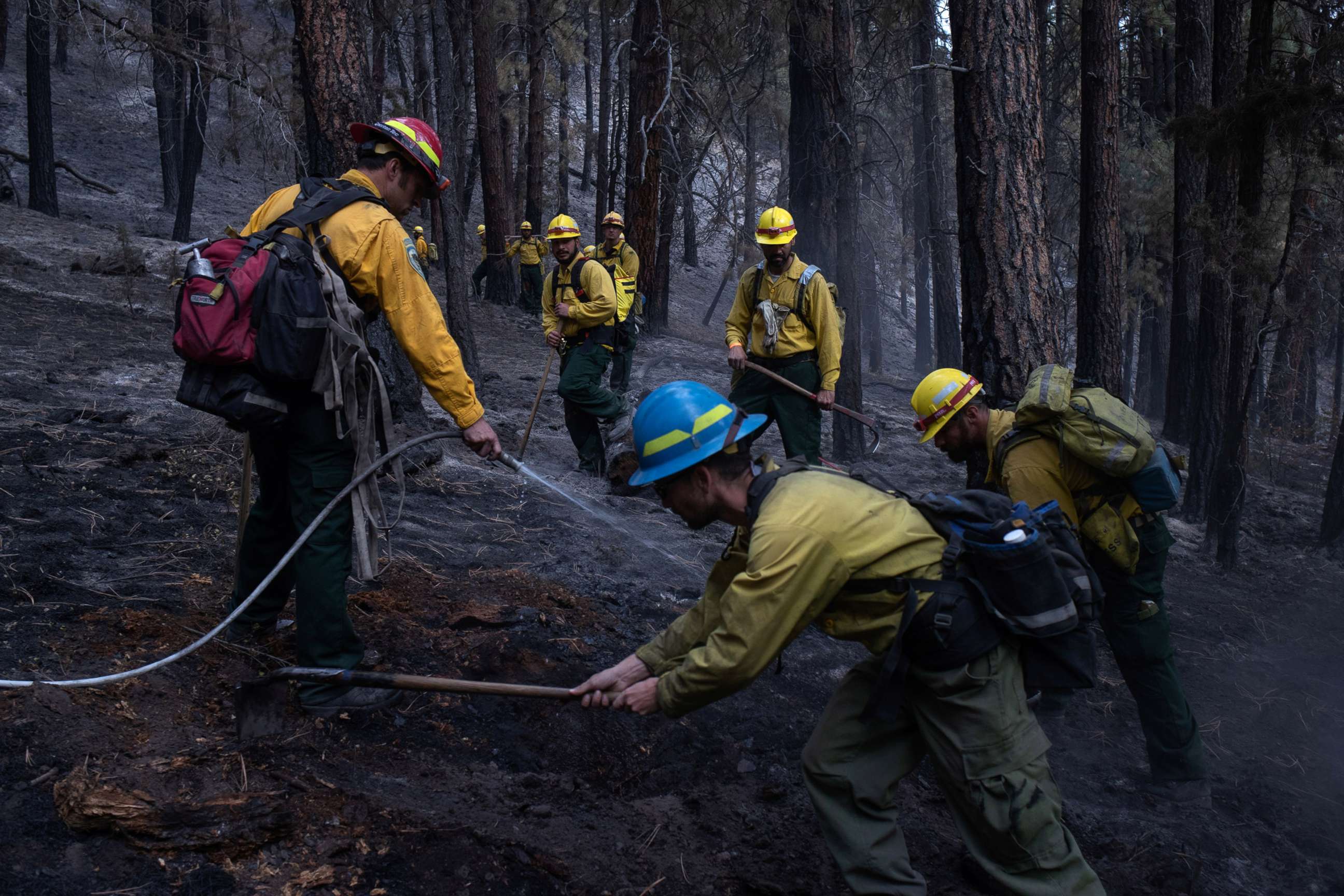Inmates working as firefighters are led by Ryan Webb, Oregon Department of Forestry and David Halbleib, the fire crew supervisor and correctional officer, as the crew tries to mop up hotspots from the Brattain Fire, near Paisley, Ore., Sept. 19, 2020.