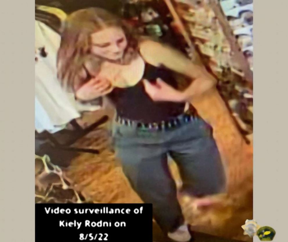 PHOTO: Kiely Rodni is pictured in an image from surveilance video posted by the Placer County Sheriff's Office on their Facebook account. Video from a local business in Truckee, Nv., shows Kiely on Aug. 5th at 6:08 p.m., prior to her going missing. 