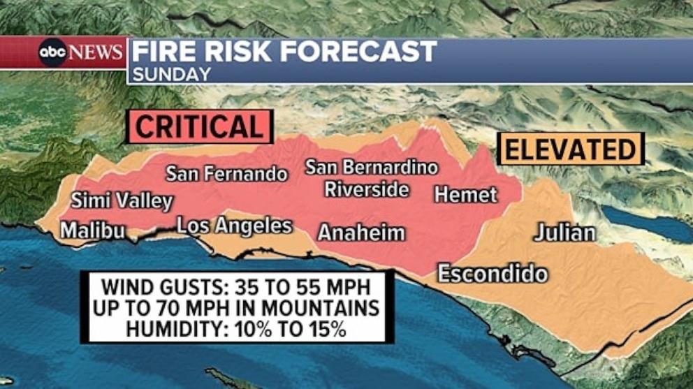 PHOTO: An ABC News graphic shows the fire risk forecast in Southern California on Sunday, Jan. 12, 2025.