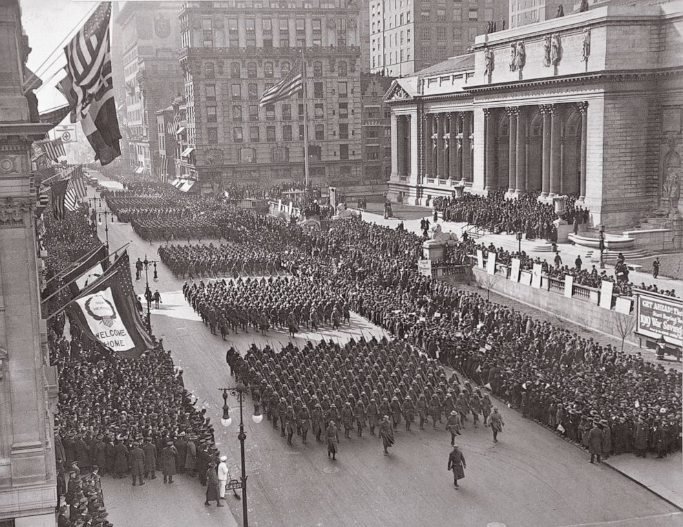 PHOTO: The famous 369th Infantry known as "Hellfighters" march by crowds standing in front of the New York Public Library on 42nd St. and Fifth Ave.in New York City, in a parade held in honor of their return to the country, on Feb. 18, 1919.