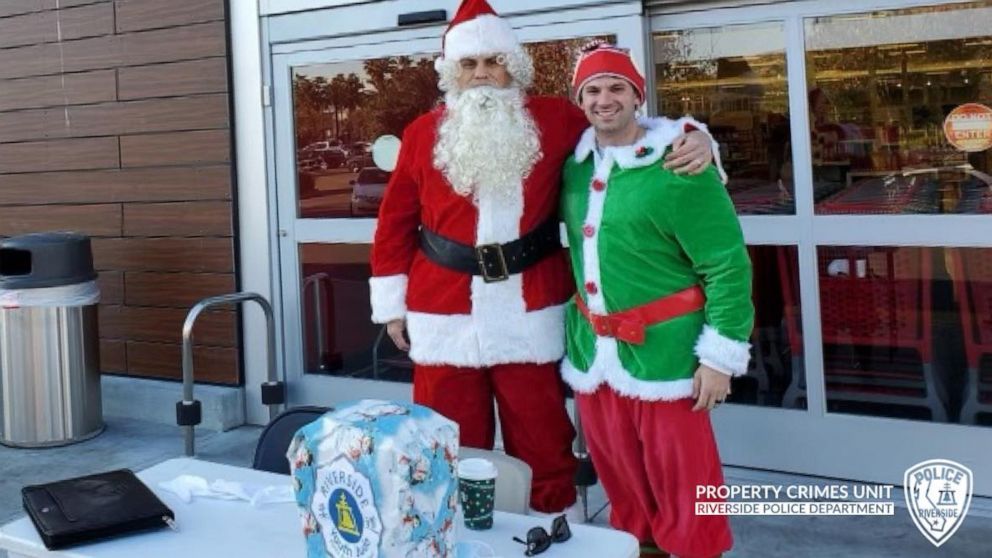 PHOTO: Undercover officers from the Riverside Police Department stopped a car theft in Riverside, Calif., dressed as Santa Claus and an elf, Dec. 12, 2020.