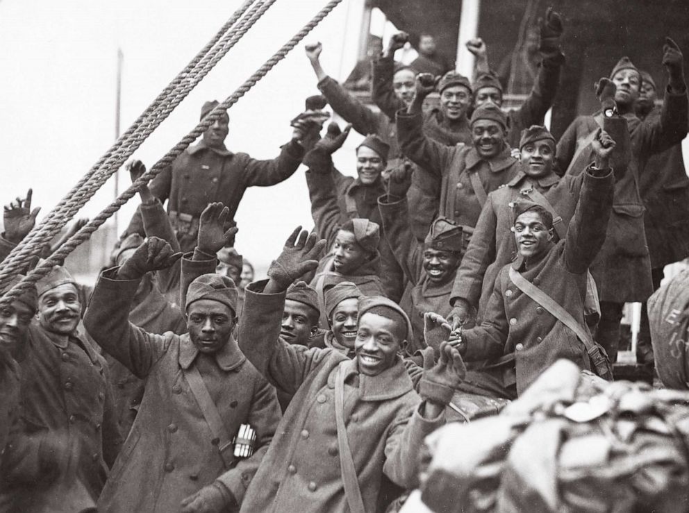 PHOTO: Members of the 369th Infantry Regiment (15th N.Y.) known as "the Harlem Hellfighters" are pictured on the deck of the ship Stockholm, upon their return to the U.S. from Europe, on Feb. 12, 1919. 