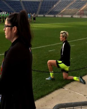 VIDEO: Megan Rapinoe joined San Francisco 49ers quarterback Colin Kaepernick in protest on Sunday night, kneeling in solidarity during the national anthem and saying being a "gay american," helped her empathize with the struggle for minority rights.