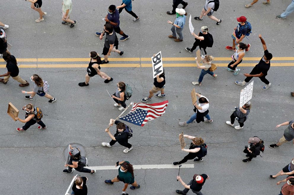 PHOTO: Marchers take part in a peaceful protest, June 4, 2020, in Nashville, Tenn., over the death of George Floyd.