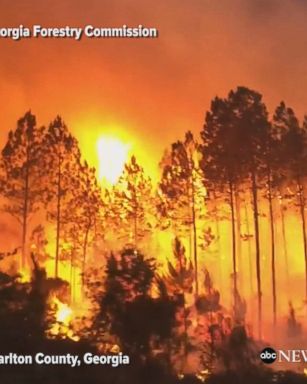 VIDEO: Video shows an extremely close view of a wildfire raging through Okefenokee National Wildlife Refuge in Georgia as firefighters battle the blaze.