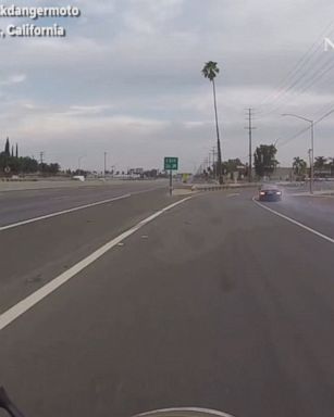 Helmet camera video shows a man on a motorcycle pursuing a driver who allegedly hit three cars and attempted to flee.