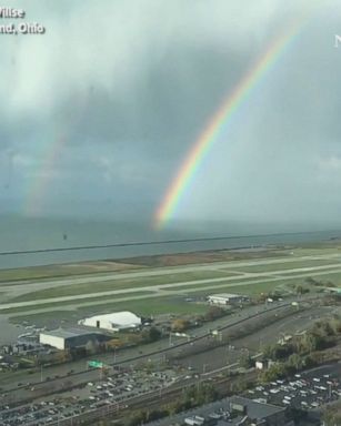 A double rainbow formed over Lake Erie after powerful storms pummeled Cleveland, Ohio.