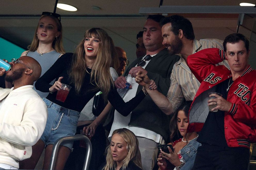 Sophie Turner, Taylor Swift and Ryan Reynolds attend the NFL game between the Kansas City Chiefs and the New York Jets at MetLife Stadium on Oct. 1, 2023 in East Rutherford, New Jersey. (Photo by Elsa/Getty Images)