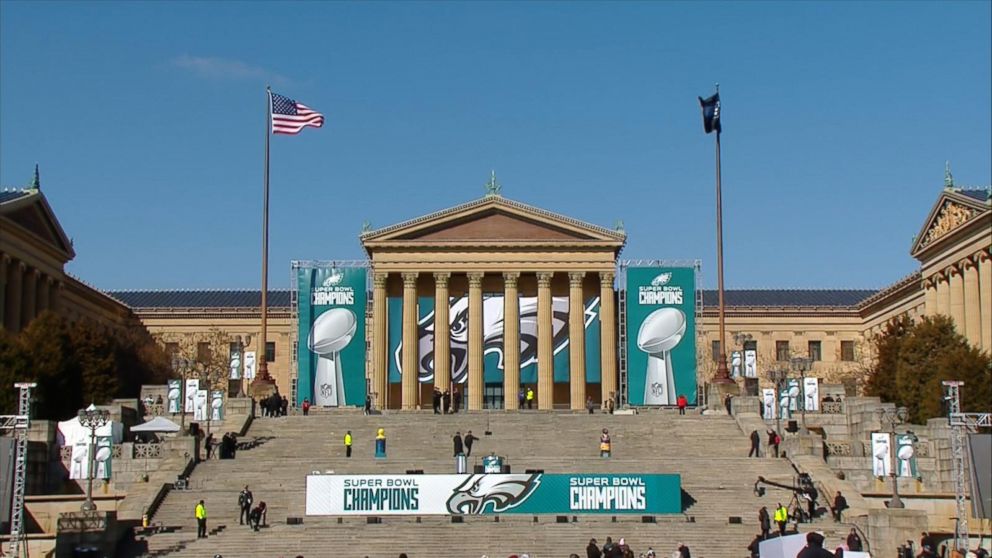 Philadelphia Eagles fans take to the streets of Philadelphia, Pennsylvania,  in celebration after the Eagles defeated the New England Patriots 41-33 in  Super Bowl LII. Featuring: Rocky Statue Where: Philadelphia, Pennsylvania,  United