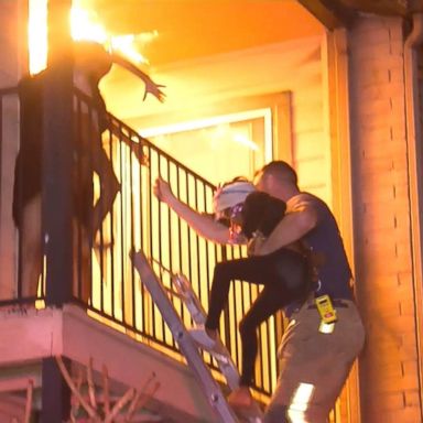 VIDEO: Firefighters rescued a mother and her children from the window of an apartment fire early Monday morning in Houston, Texas, according to ABC News Houston station KTRK.