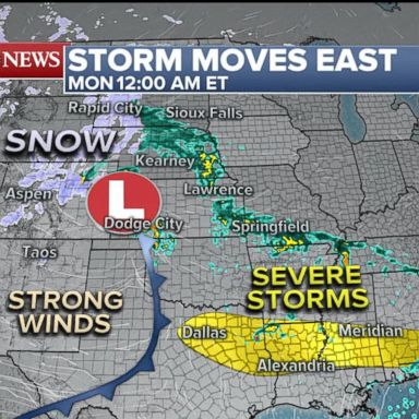 VIDEO: A large storm system is moving through the Great Plains on Monday morning bringing unsettled weather from the Dakotas all the way to the southeastern United States.