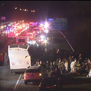 VIDEO: The charter bus was traveling eastbound on the Southern State Parkway in Lakeview on Sunday evening when it slammed into the overpass, police said.