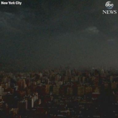 Stunning time lapse shows storm enveloping Manhattan as severe thunderstorms threaten to bring flash flooding, winds, hail and even possible tornadoes across the Northeast.