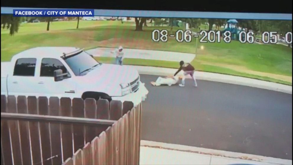 VIDEO: Police in Manteca, California, released video of the two men knocking down the man, then kicking him.