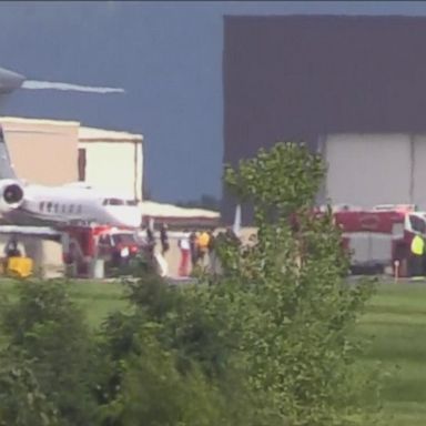 The plane successfully landed at Stewart airport in New York after blowing two tires during takeoff, authorities said.