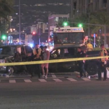 VIDEO: At least three people were killed and several pedestrians were injured in a crash involving two pickup trucks at a busy intersection in Honolulu on Monday night.