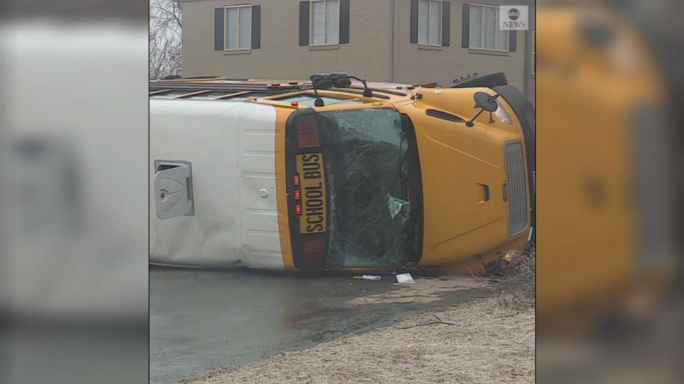 VIDEO: School bus overturns on icy road