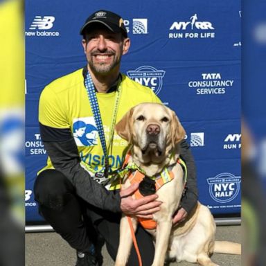 VIDEO: Thomas Panek became the first blind man to finish the United Airlines Half Marathon in New York City on Sunday, along with a trio of guide dogs.