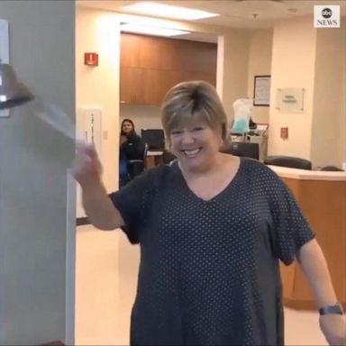 Darla Jaye enthusiastically rang the bell at Smith Clinic in Houston in celebration of her last round of radiation for breast cancer. 