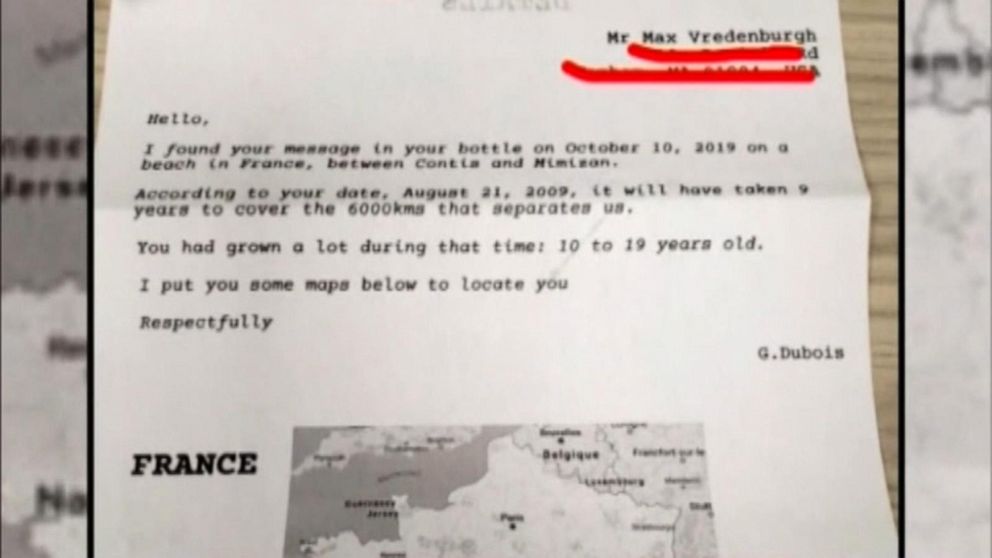 The now college student tossed the bottle into the ocean almost a decade ago. 