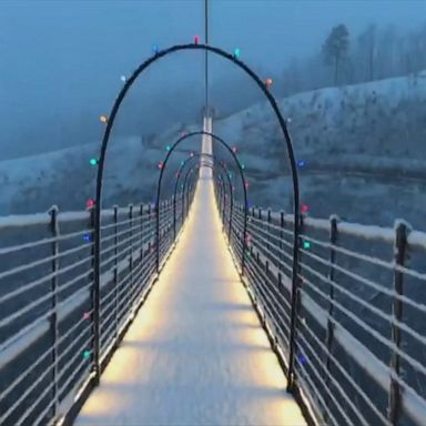 PHOTO: Christmas lights and decorations created a festive scene at the Gatlinburg SkyBridge as snow fell in the area.