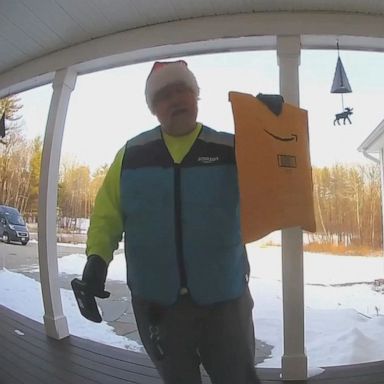 PHOTO: A doorbell camera captured one Amazon driver spreading holiday cheer in Canterbury, New Hampshire.