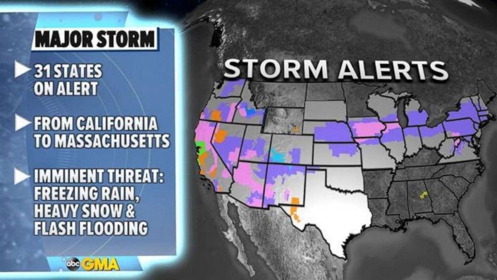 PHOTO: There are 31 states on alert this morning for variety of dangerous weather stretching from California to Massachusetts.
