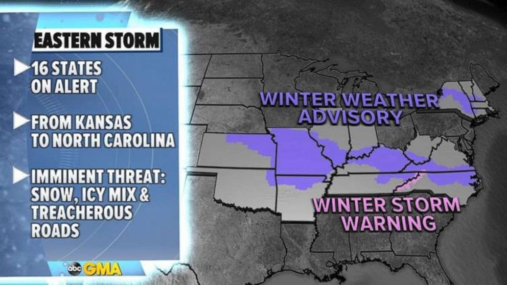 PHOTO: On Wednesday, 16 states in the East are under snow and ice alerts for heavy snow and slick roads.
