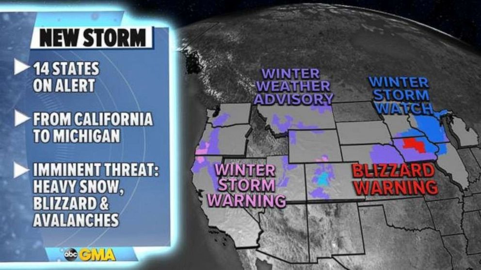 PHOTO: There are 14 states on alert for winter weather from California to Michigan on Wednesday morning.
