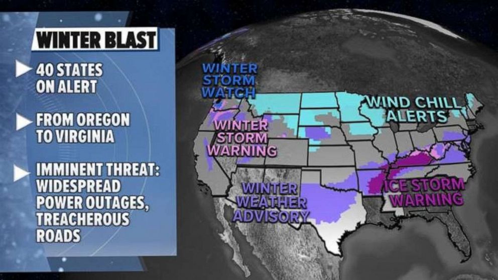 PHOTO: On Thursday, 40 states are on alert from Oregon to Virginia for ice, snow and bitter cold.
