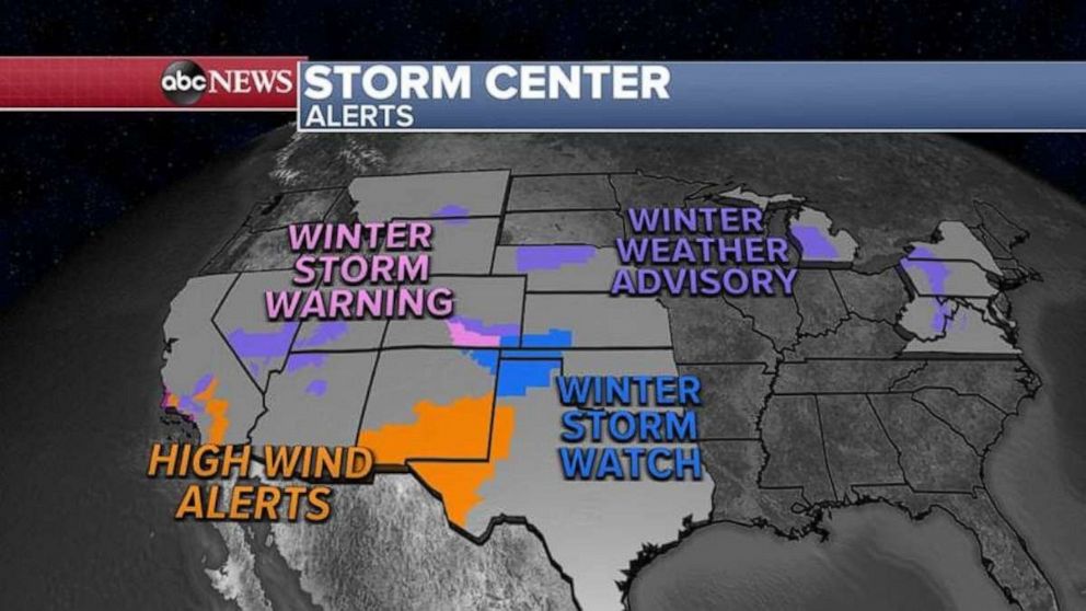 PHOTO: As these two storms march through the country, 18 states are on alert for strong winds and heavy snow from California to New York. 
