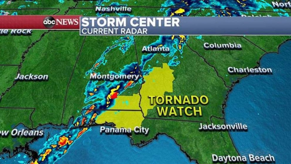 PHOTO: During the rest of the morning, the threat for tornadoes is moving out of Alabama and into Florida’s panhandle and parts of Georgia.   
