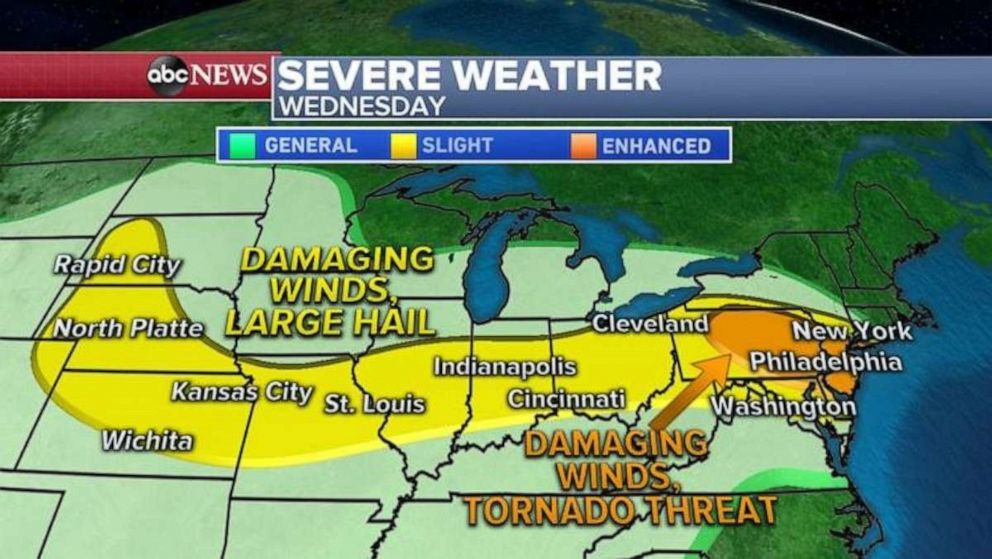 PHOTO: Severe storms will also be possible from Dakotas to Ohio Valley where damaging winds and hail will be the biggest threat.