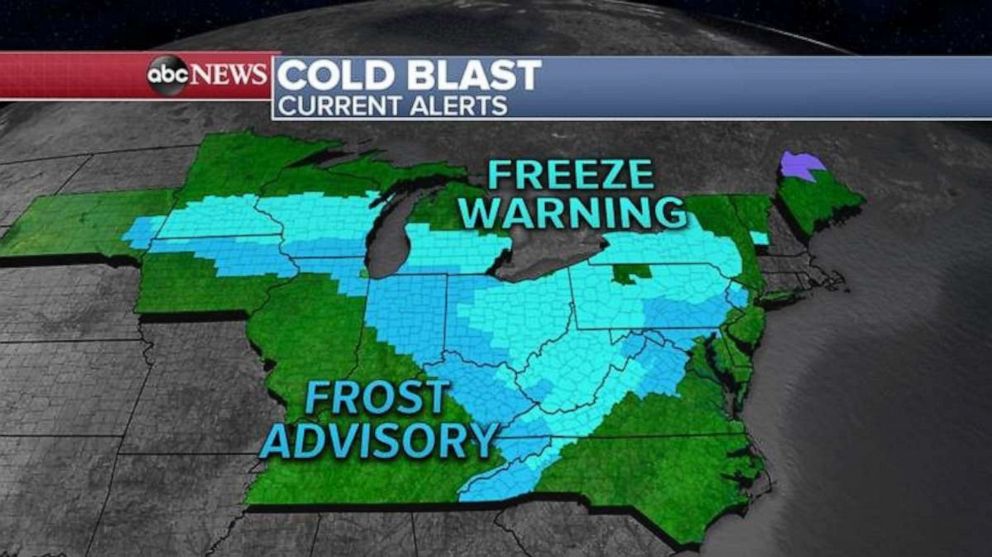 PHOTO: There are 18 states are under freeze warning and frost advisory this morning from Tennessee to Vermont. 