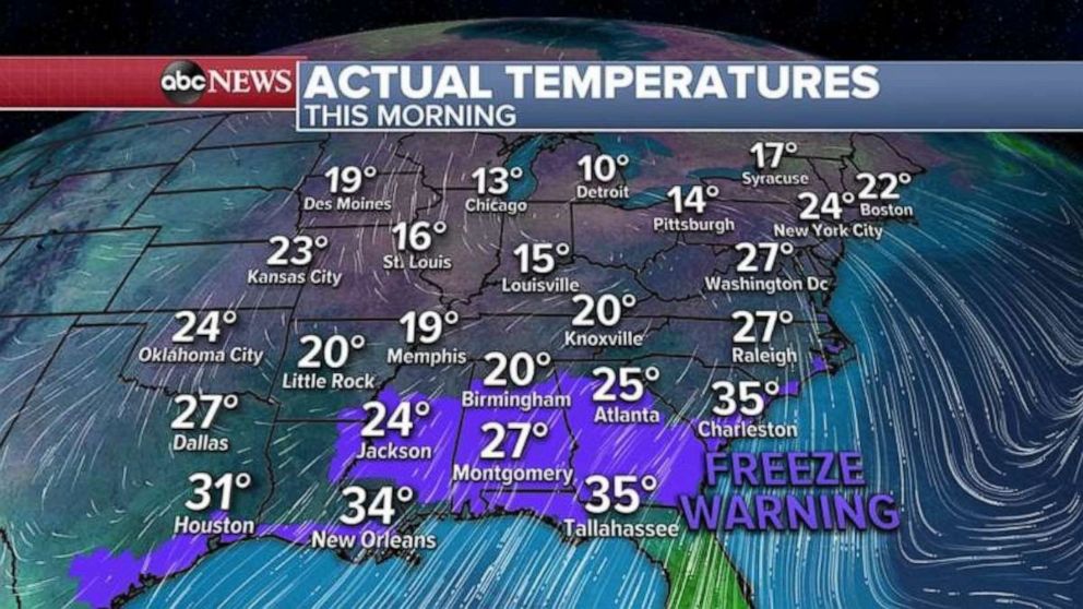 PHOTO: Freeze Warnings stretch from Texas to the Carolinas.