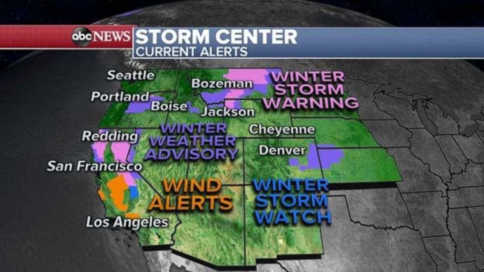 PHOTO: This morning, the complex storm system is moving over the Rockies and a Winter Storm Warning has been posted for Salt Lake City where more than a foot of snow is forecast.
