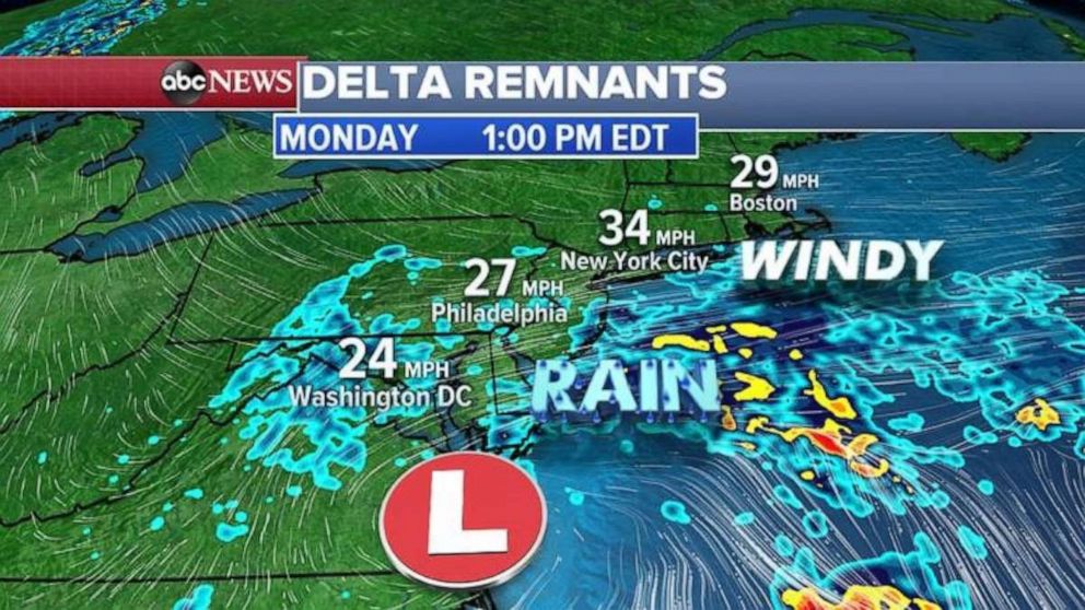 PHOTO: Now, part of that moisture from Delta is moving into the Northeast and Mid-Atlantic and it is combining with a frontal system which will bring windy, rainy, chilly and raw weather for the area today. 