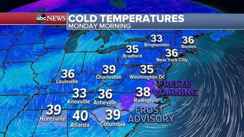 PHOTO: This morning, the coldest air of the season stretches from Birmingham, Alabama to Boston, Massachusetts, where the actual temperatures are in the 30’s.  